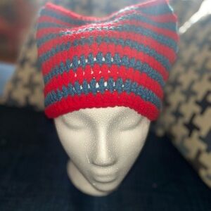 Red and Blue Striped Crochet Beanie